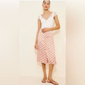 Free People Analise Pink & White Floral Printed Satin Midi Skirt Size 12